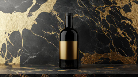 Close-up of a dark glass bottle with a blank gold label sitting on a sleek marble surface with golden veining, showcasing a clean, modern aesthetic and timeless eleganceの素材