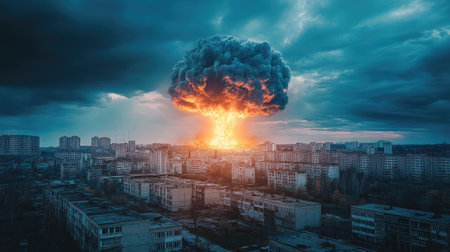 A ruined cityscape under a dark, overcast sky with traces of a nuclear explosion, symbolizing the destruction and aftermath of a global doomsday eventの素材