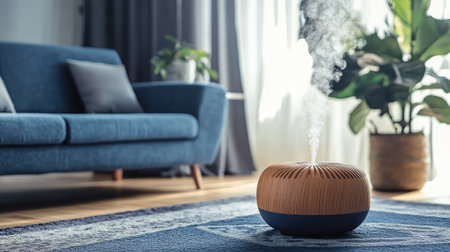 A modern air diffuser emits gentle steam, placed on a rug in a cozy room with a blue couch and a plant, creating a warm and inviting atmosphere for a comfortable living spaceの素材