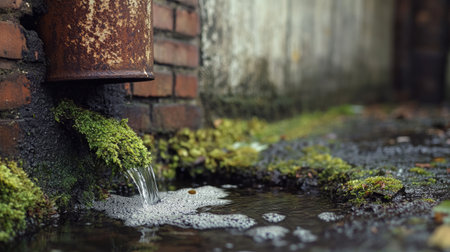 Close-up of a weathered metal drainage pipe, moss clinging to its surface, with water flowing into a small stream beside an old brick wall, emphasizing rustic, industrial aestheticsの素材