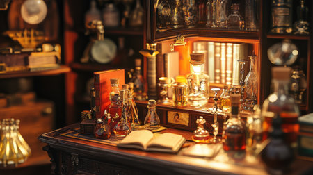 A meticulously crafted miniature scene filled with books, bottles, and antique objects, bathed in warm light, evoking the charm of a vintage collector cabinetの素材