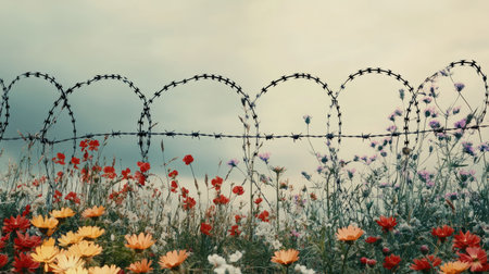 A peaceful meadow of wildflowers juxtaposed with a harsh, barbed wire fence, showcasing the contrast between nature gentleness and human-made boundariesの素材
