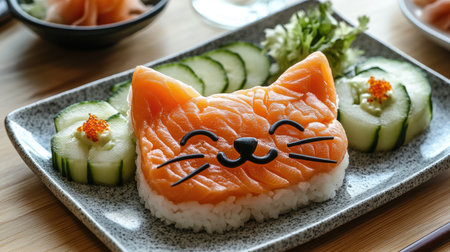 A plate of decorative sushi shaped like a cat face, featuring salmon, cucumber, and rice, ideal for creative and fun culinary presentationsの素材
