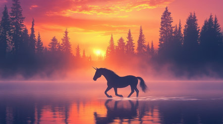 A majestic unicorn walks gracefully through a misty lake at sunset, with vibrant colors in the sky and silhouettes of trees framing the mystical scene, evoking elegance and fantasyの素材