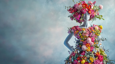 A mannequin adorned with a vibrant dress made entirely of fresh flowers, standing elegantly against a soft background, showcasing the beauty of floral fashion and nature-inspired designの素材