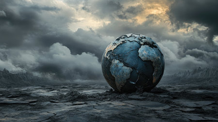 Apocalyptic scene with a cracked earth sphere and dark, stormy clouds, highlighting the devastation of environmental collapse in a bleak, dystopian landscapeの素材