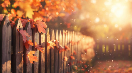 A picturesque scene of a wooden fence adorned with autumn leaves, illuminated by the soft glow of warm sunlight, set against a serene natural landscape filled with fall colorsの素材