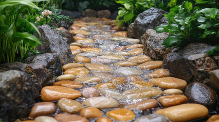 A shallow stream of clear water flowing gently over smooth, colorful pebbles, creating a serene and tranquil natural landscape, perfect for peaceful, nature-inspired scenesの素材