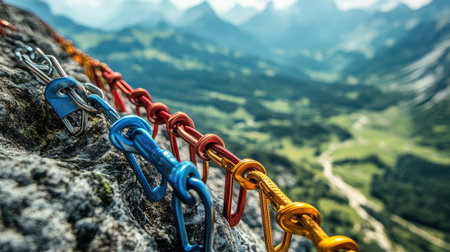 A row of colorful climbing quickdraws clipped onto rocks at a mountain summit, with a stunning scenic landscape in the background, ideal for adventure and sports themesの素材