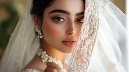 A portrait of a stunning bride getting ready for her wedding day, wearing a delicate white veil, capturing her radiant beauty and anticipation for the big dayの素材