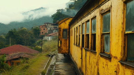 A weathered train in Paranapiacaba village, featuring a blend of English architecture and vintage railway heritage, evoking a sense of history and decayの素材