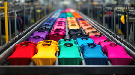 A vibrant array of t-shirts neatly arranged on a factory conveyor belt, capturing the colors and movement of the production line in a dynamic and industrial settingの素材