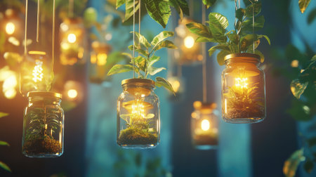 Beautifully arranged hanging glass jars with plants inside, glowing light bulbs hanging around them, surrounded by soft bokeh lighting, creating a serene and natural ambianceの素材