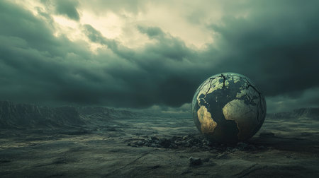 Apocalyptic scene with a cracked earth sphere and dark, stormy clouds, highlighting the devastation of environmental collapse in a bleak, dystopian landscapeの素材