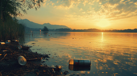 A serene lakeside view at sunset, with discarded cans and debris along the water edge, capturing the stark contrast between nature beauty and the impact of pollutionの素材