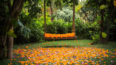 A vibrant garden swing adorned with marigold flowers and colorful petals, set against a festive atmosphere, exuding a celebratory and joyful spirit amidst nature beautyの素材