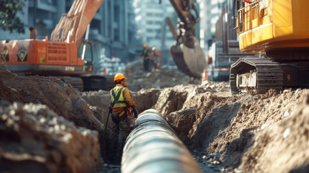 Close-up of a construction worker in safety gear, inspecting an underground pipeline during installation at an excavation site, surrounded by heavy machinery and construction equipmentの素材