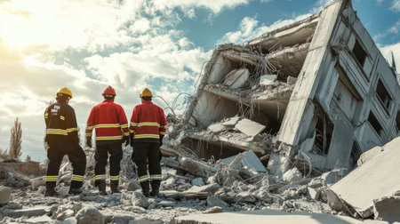 Rescue workers examine a collapsed concrete structure after a disaster, symbolizing the critical work of first responders in disaster management and recoveryの素材