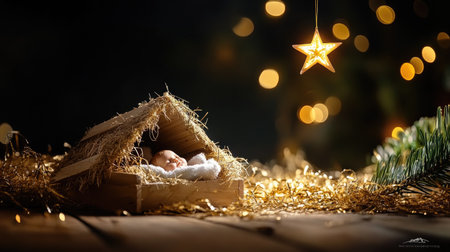 Wooden nativity cradle holding baby Jesus under Christmas star in dark peaceful nightの素材