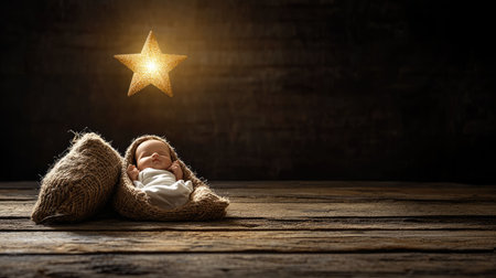 Wooden nativity cradle holding baby Jesus under Christmas star in dark peaceful nightの素材