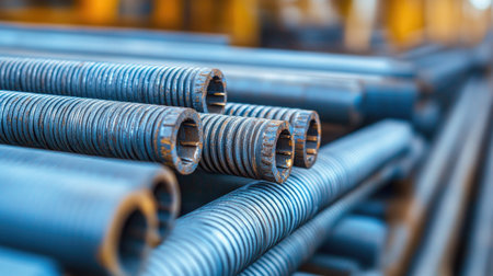 Close-up shot of metal rods stacked in a factory, highlighting the industrial production and manufacturing process in an industrial setting, showing raw materials ready for useの素材