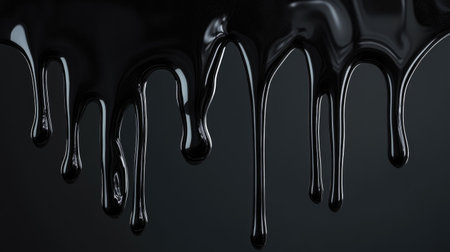 Dripping black liquid forms a reflective, glossy texture against a dark backdrop, offering a surreal and artistic interpretation of liquid reflection and visual artの素材