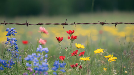 Colorful wildflowers blooming in a meadow, framed by a weathered barbed wire fence, contrasting nature with the harsh lines of human-made boundariesの素材