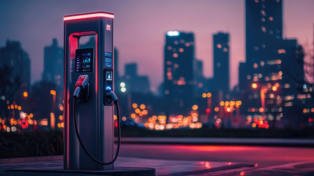 EV charging station at dusk with city lights twinkling in the background, highlighting the intersection of technology and sustainability in a modern urban landscapeの素材