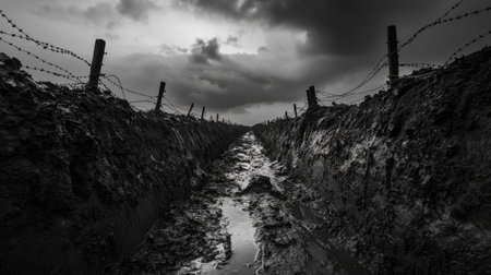 Evocative black and white image of a muddy trench with barbed wire under a dark, overcast sky, reminiscent of a World War I battlefield, conveying a somber, historical atmosphereの素材
