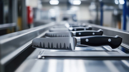 Close-up of sharp kitchen knives with black handles on a factory conveyor belt, showcasing industrial production and quality control in knife manufacturingの素材