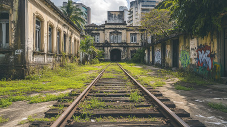 Old railway tracks and a forgotten train in Paranapiacaba historic district, surrounded by charming English-style buildings and an atmosphere of abandonmentの素材