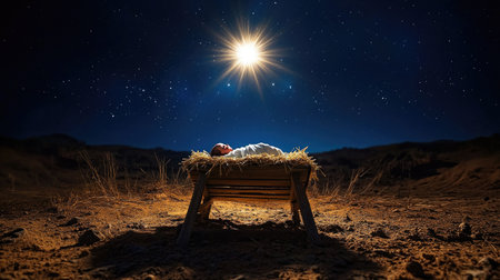 Wooden manger cradling newborn Jesus beneath radiant star in a deep blue night skyの素材