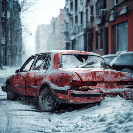 Damaged Red Car in Snowy City Streetの素材