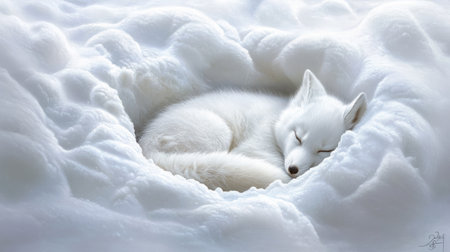 A young Arctic fox curled up in a snowy den, its fur blending with the snowの素材