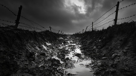 Evocative black and white image of a muddy trench with barbed wire under a dark, overcast sky, reminiscent of a World War I battlefield, conveying a somber, historical atmosphereの素材