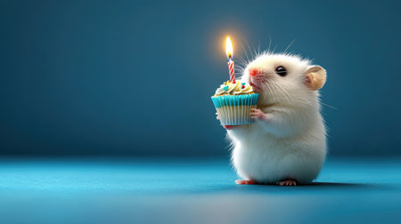 A tiny hamster holding a miniature birthday cupcake with a single candleの素材