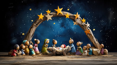 Wooden nativity with figurines depicting the holy birth under dark blue sky and starsの素材