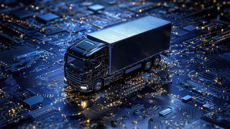 A sleek delivery truck speeds across a futuristic circuit board background, blending technology, transport, and efficiency in a dynamic imageの素材