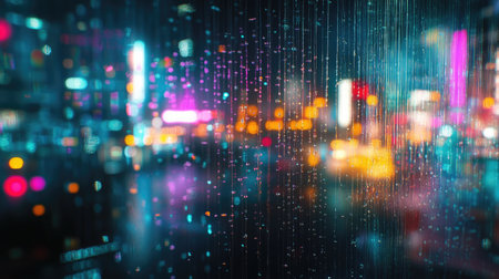 Raindrops streak down a window, creating a blurred effect with colorful lights in the background, forming an artistic and dreamy scene that evokes a sense of calm and introspectionの素材