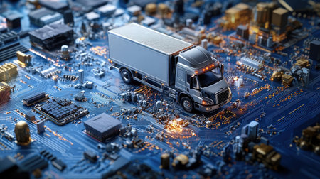 A sleek delivery truck speeds across a futuristic circuit board background, blending technology, transport, and efficiency in a dynamic imageの素材