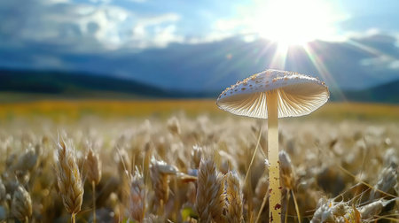 A solitary mushroom stands tall in a field, bathed in soft natural light, surrounded by blurred grasses that enhance its delicate form and detailefe8e5576c64の素材
