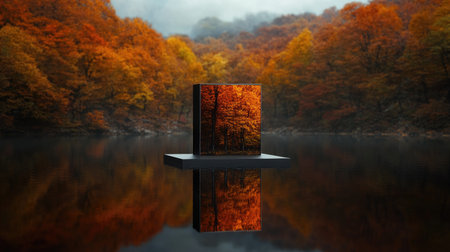 An abstract autumn scene with vibrant orange and red trees reflected in a geometric shape floating above a serene lake, blending nature and modern artの素材