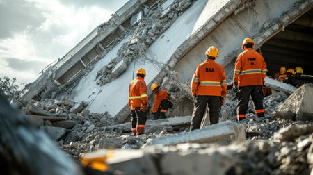 Rescue workers examine a collapsed concrete structure after a disaster, symbolizing the critical work of first responders in disaster management and recoveryの素材