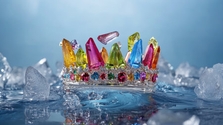 Frozen crown adorned with vibrant crystals on a minimal icy backdrop, head-on view, simple composition with space for textの素材