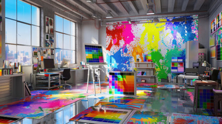 AI-generated scene of a high-tech polygraphy workshop with digital printing equipment and color chartsの素材