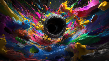 A surreal cosmic illustration of a celestial event with bright colors spiraling around a black hole, blending light, motion, and spaceの素材
