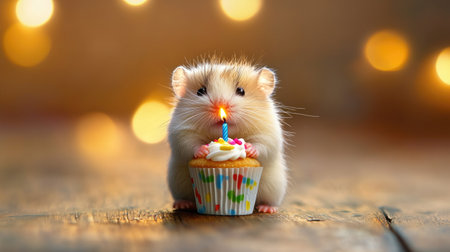 A tiny hamster holding a miniature birthday cupcake with a single candleの素材