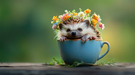 A tiny hedgehog curled up in a teacup with a miniature flower crown on its headの素材