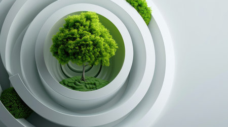 3D white and green circular layers with a vibrant green tree silhouette in the center, modern eco-themed backgroundの素材