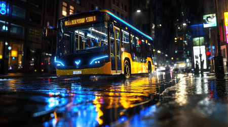 A sleek electric city bus with glowing accents glides through urban streets at night, symbolizing the future of sustainable transportationの素材